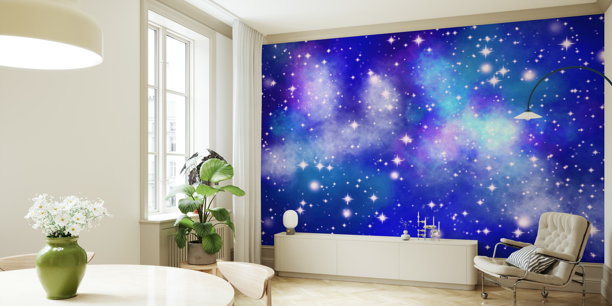 Fototapeta Hvězdná noční obloha s různými odstíny modré a blikajícími hvězdami představujícími pohled na galaxii